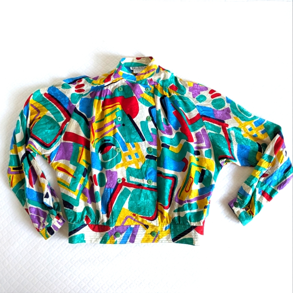 Argenti Vintage Bold Colorful Print Cropped Double Breasted Silk Blouse, size 6 - Picture 1 of 13